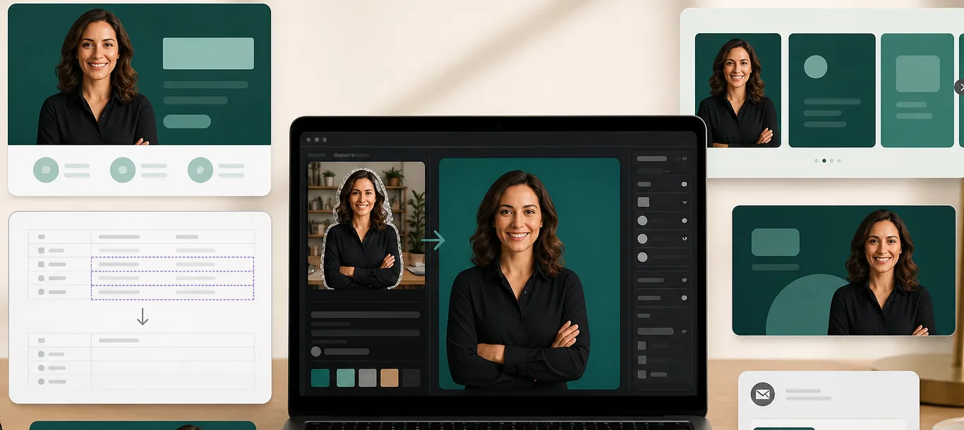 AI online course creator workflow preparing instructor headshots, sales page hero images, lesson screenshot redaction, promo assets, and email visuals