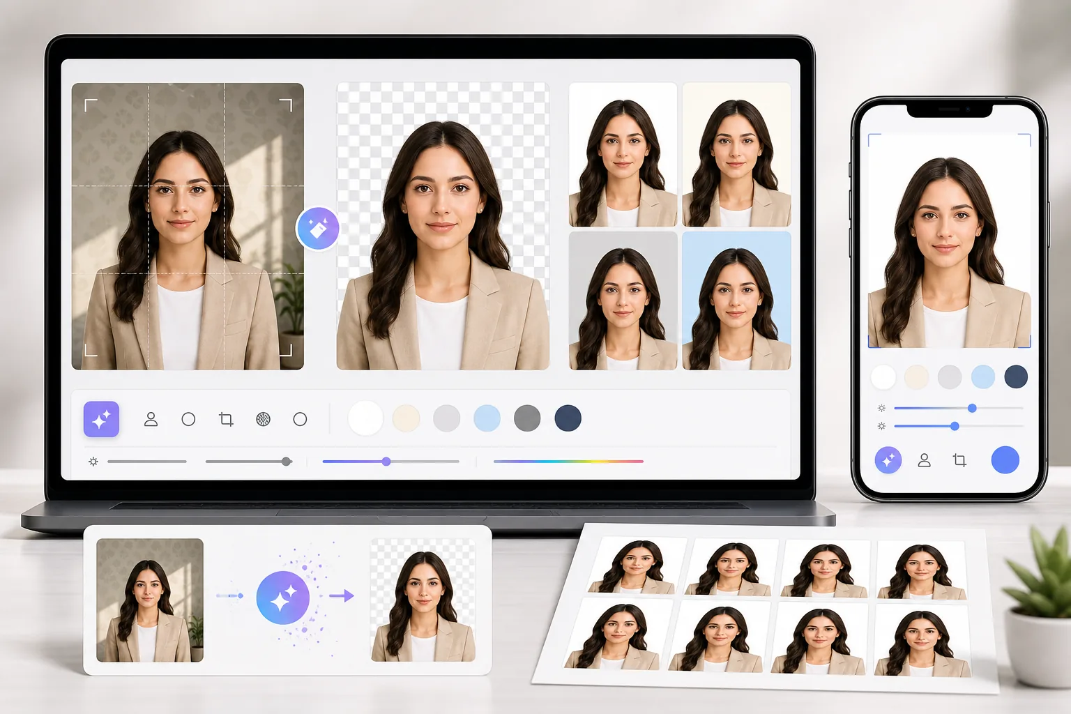 AI passport photo background removal workflow creating uniform white, gray, and blue ID photo backgrounds