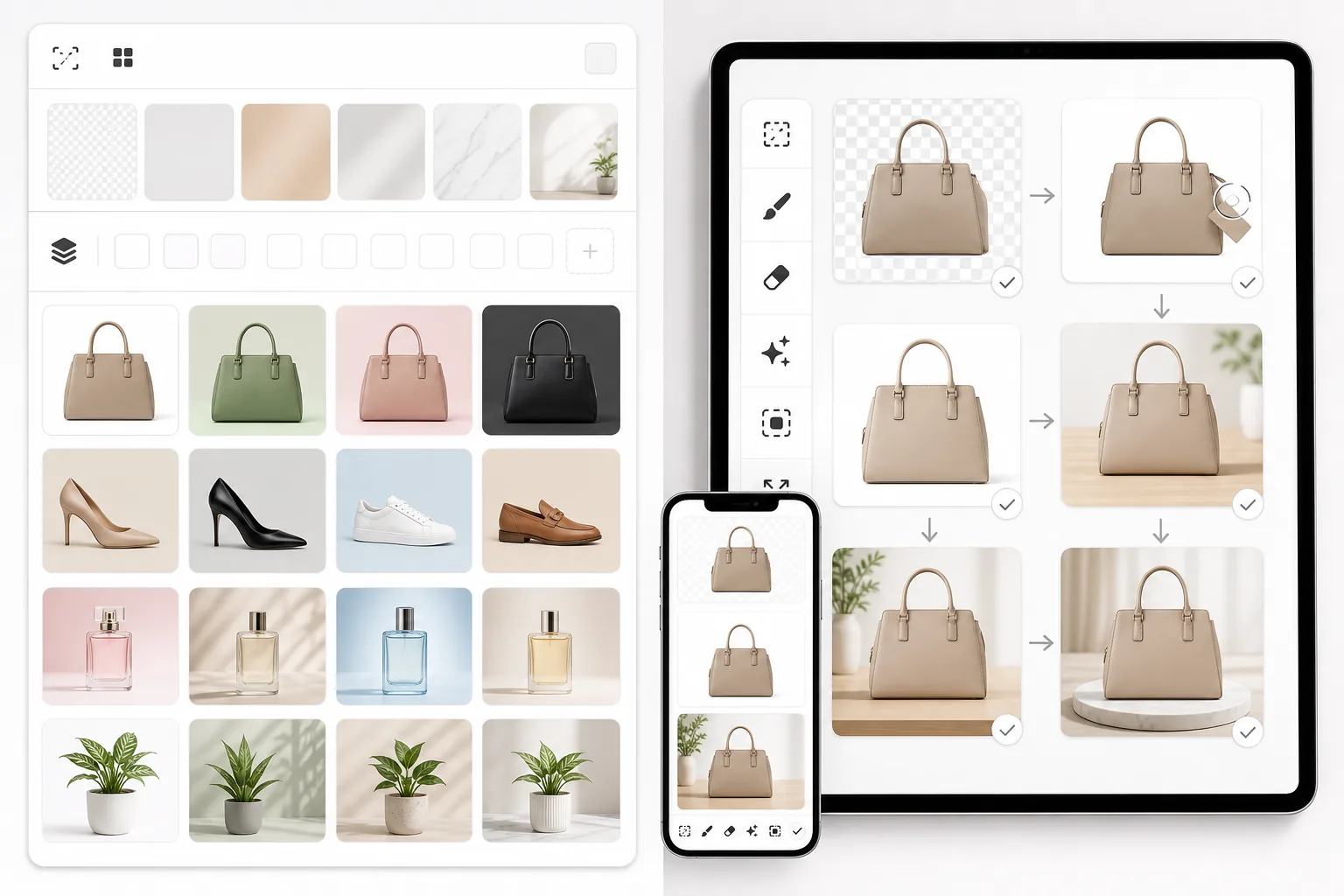 Comparison of ecommerce product template grids and a broader multi-step AI product photo editing workflow