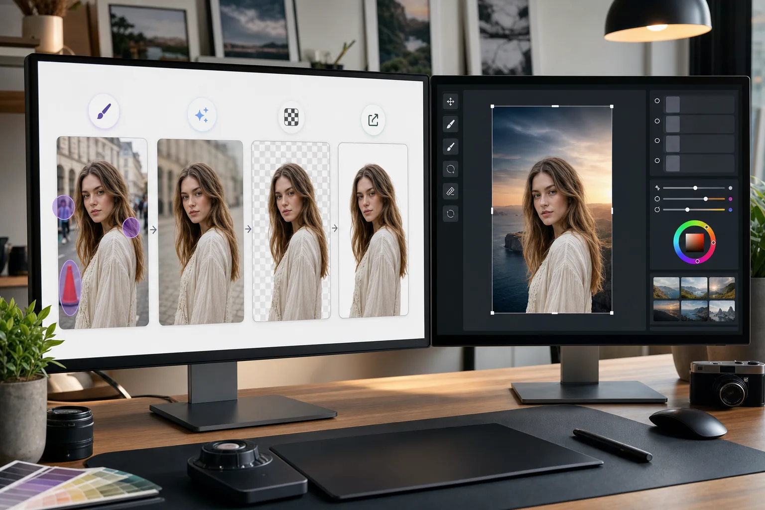 AI photo cleanup workflow removing distractions, isolating a transparent subject, and exporting into a professional photo editor for detailed compositing
