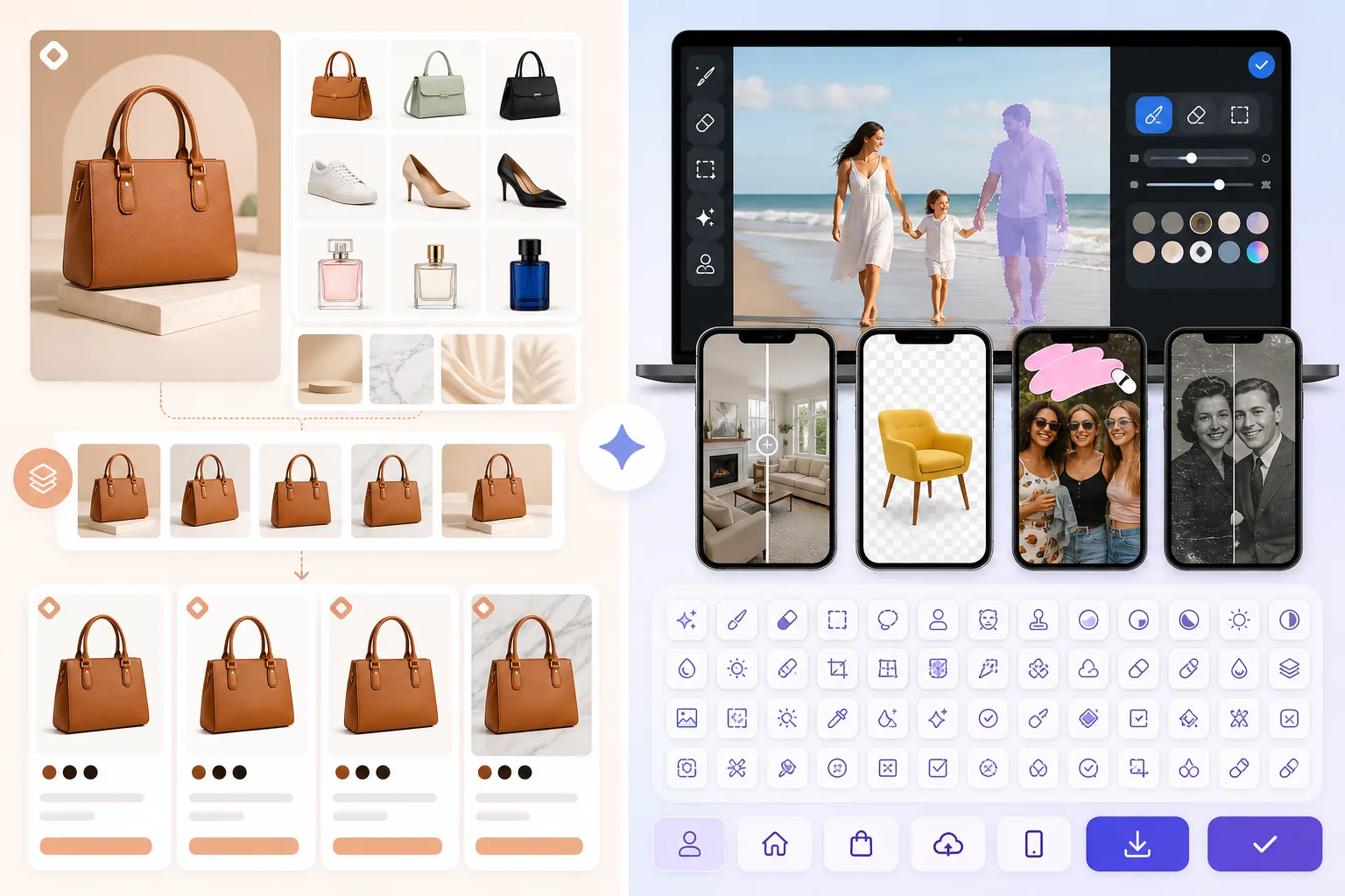Comparison of ecommerce product template workflows and general-purpose AI cleanup across product family social and restoration photos