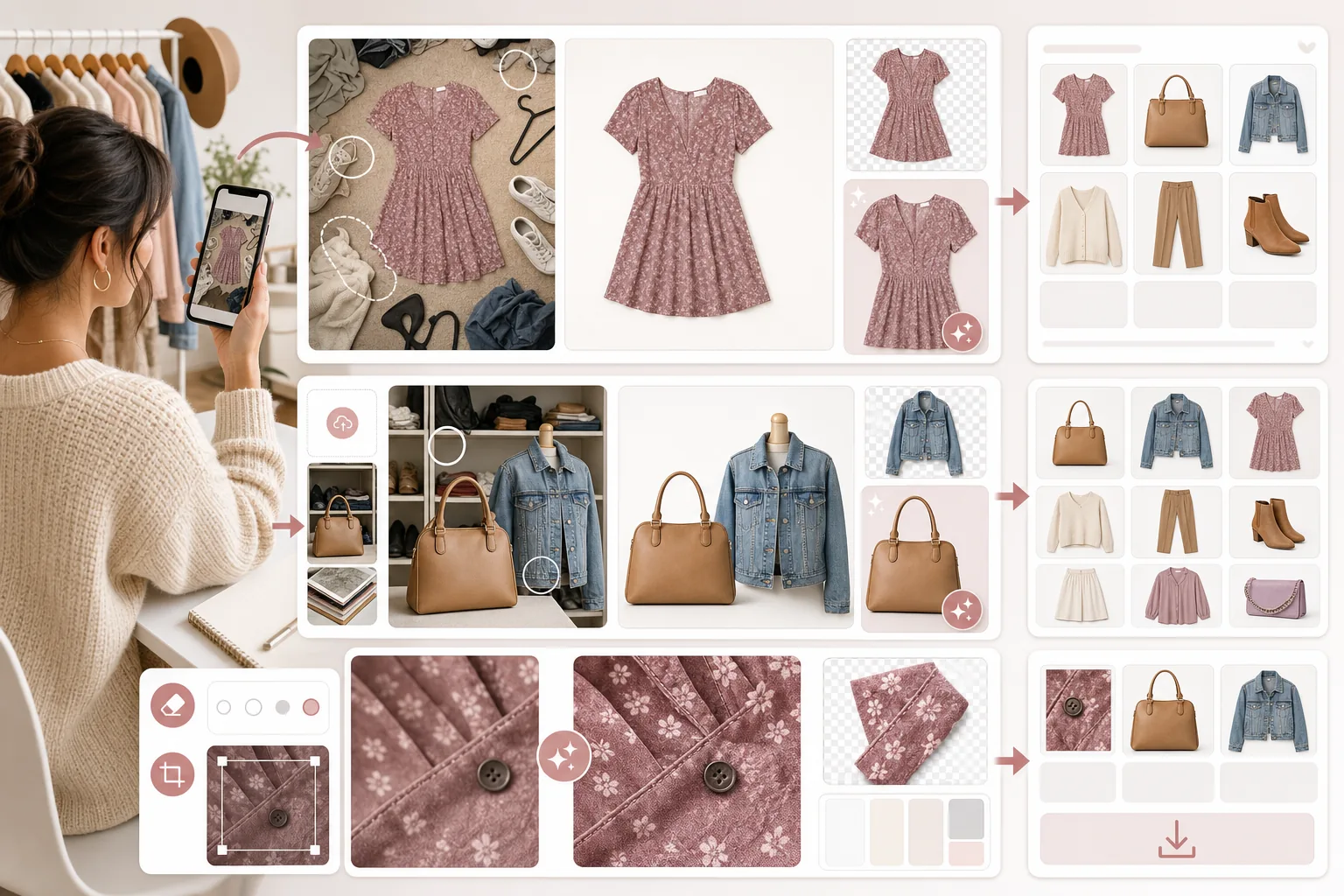 AI Poshmark fashion listing workflow cleaning cluttered flat lays, removing messy backgrounds, creating polished clothing and accessory cutouts, enhancing fabric details, and organizing consistent closet thumbnails