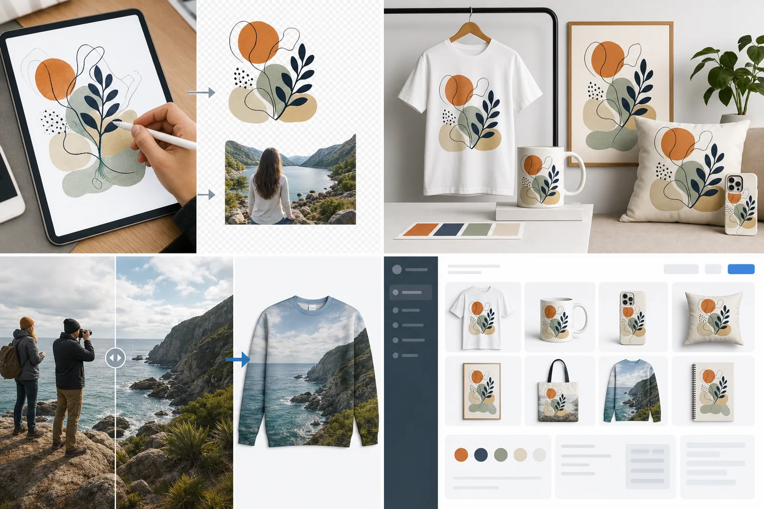 AI Printful print-on-demand workflow isolating graphics on transparent backgrounds, cleaning product mockups, preparing all-over print photos, and creating consistent storefront imagery