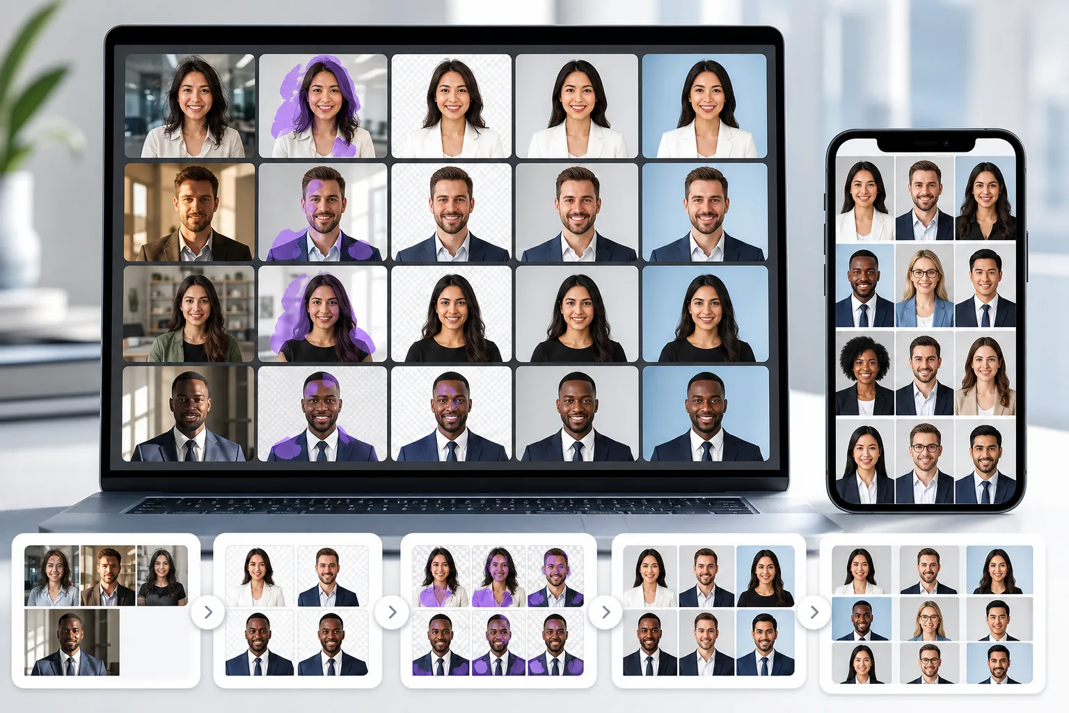 AI professional headshot workflow replacing backgrounds, cleaning portrait distractions, enhancing lighting, and standardizing team photos