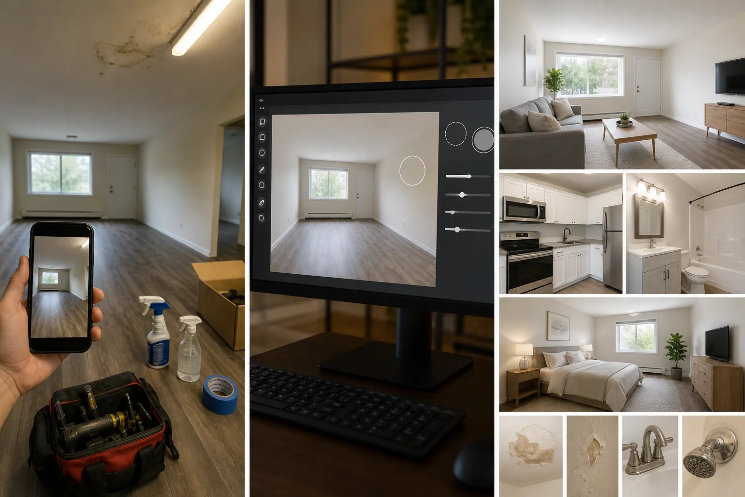 AI property management photo workflow removing unit-turn clutter, enhancing dark rental rooms, and clarifying maintenance documentation