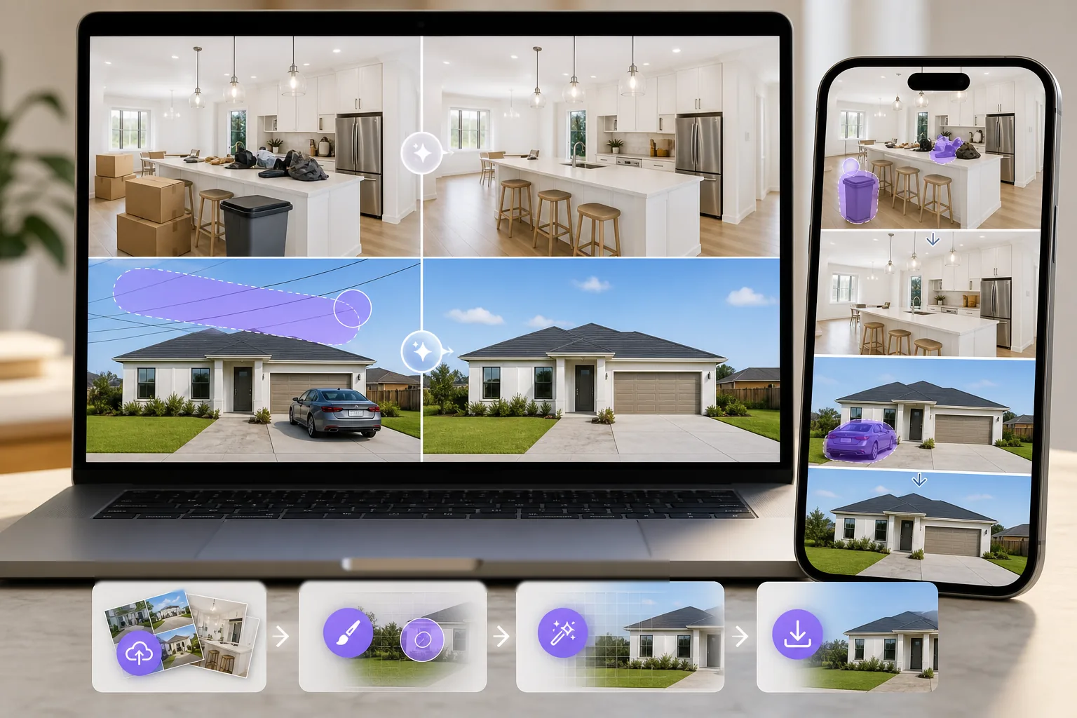 AI real estate photo editing workflow removing clutter, cars, and power lines from property listing photos