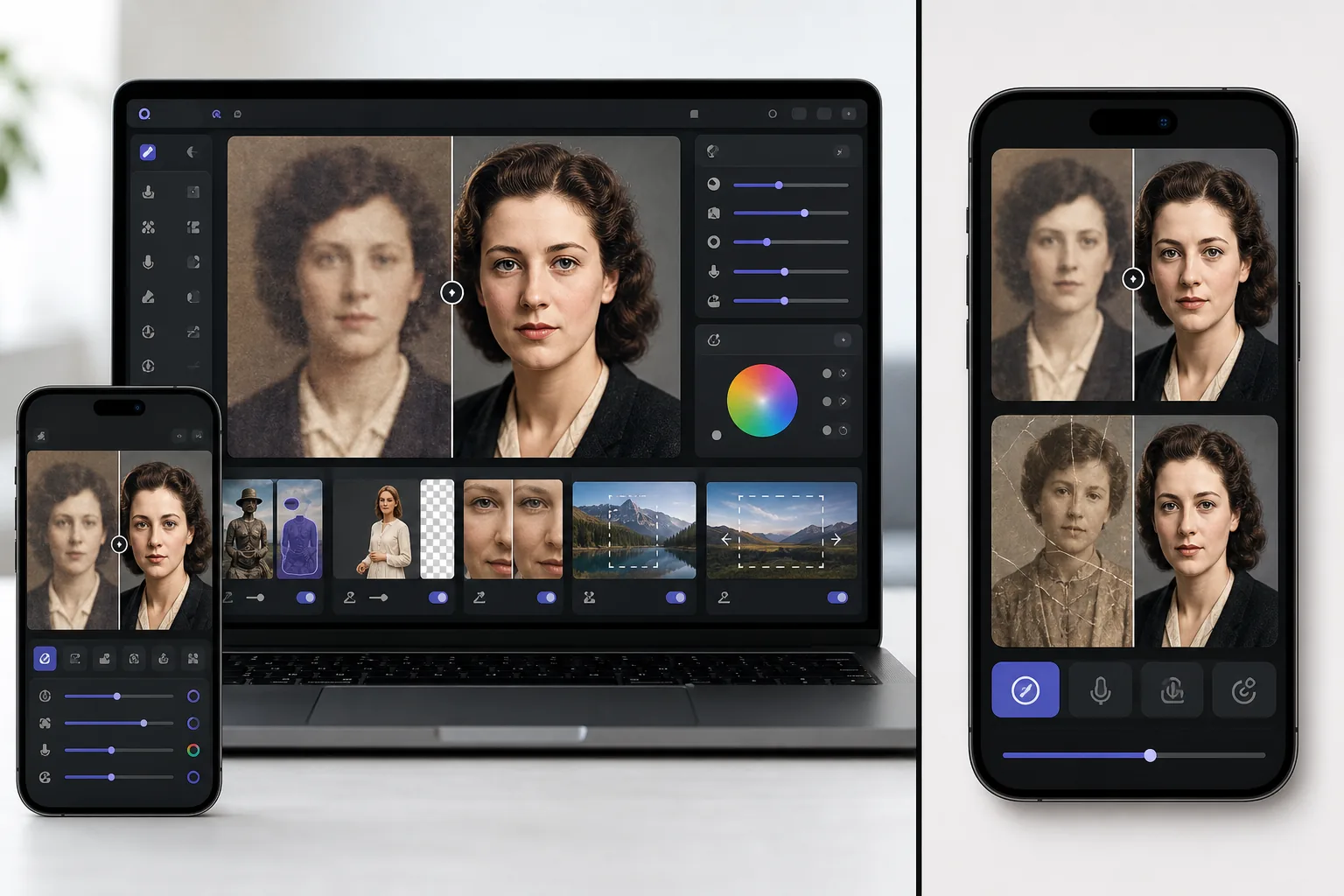 Comparison of AI photo restoration and enhancement with a full photo editing workflow that includes object and background removal