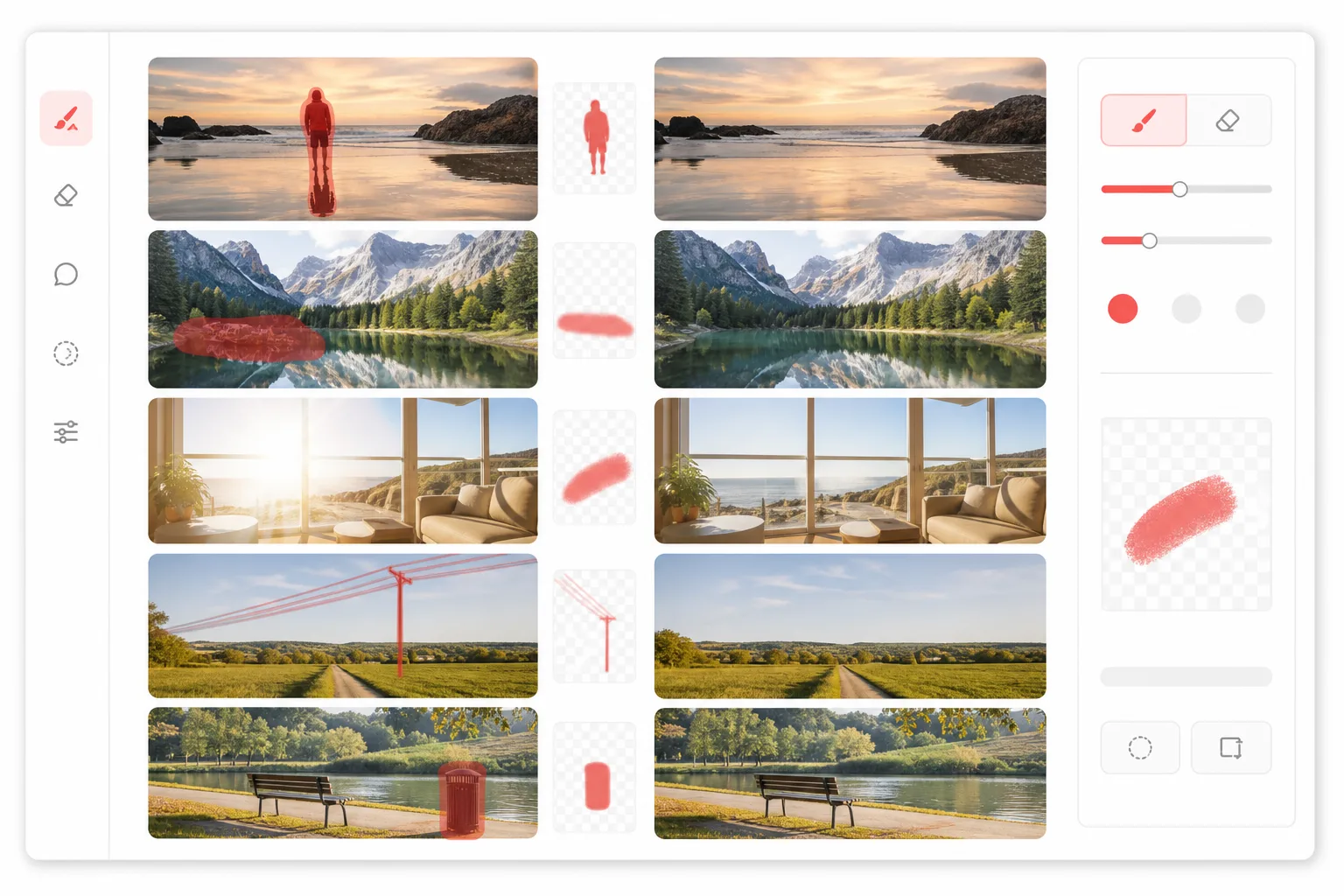 AI editor showing multiple remove anything from photo examples