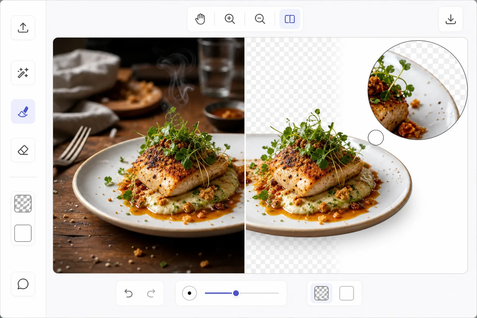 Background Eraser editor showing a plated food photo cut out from a cluttered table onto transparent and white backgrounds with garnish and steam preserved