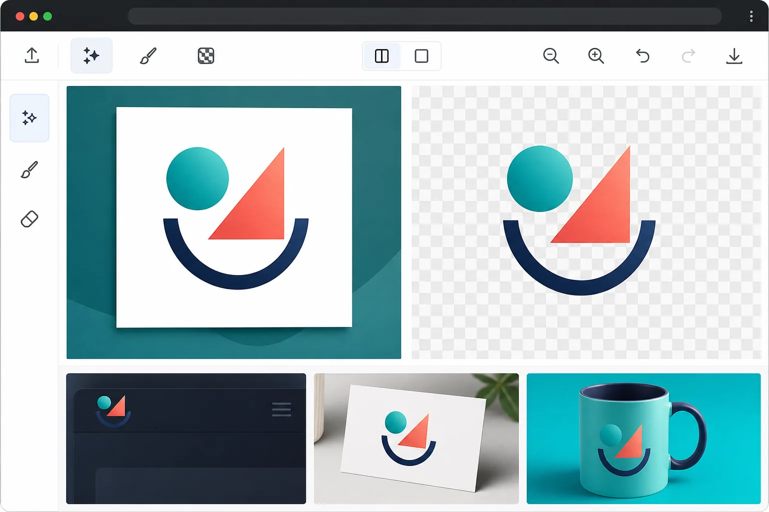 Logo background removal workflow showing an abstract mark converted from a white-box image to transparent checkerboard and reused on brand surfaces