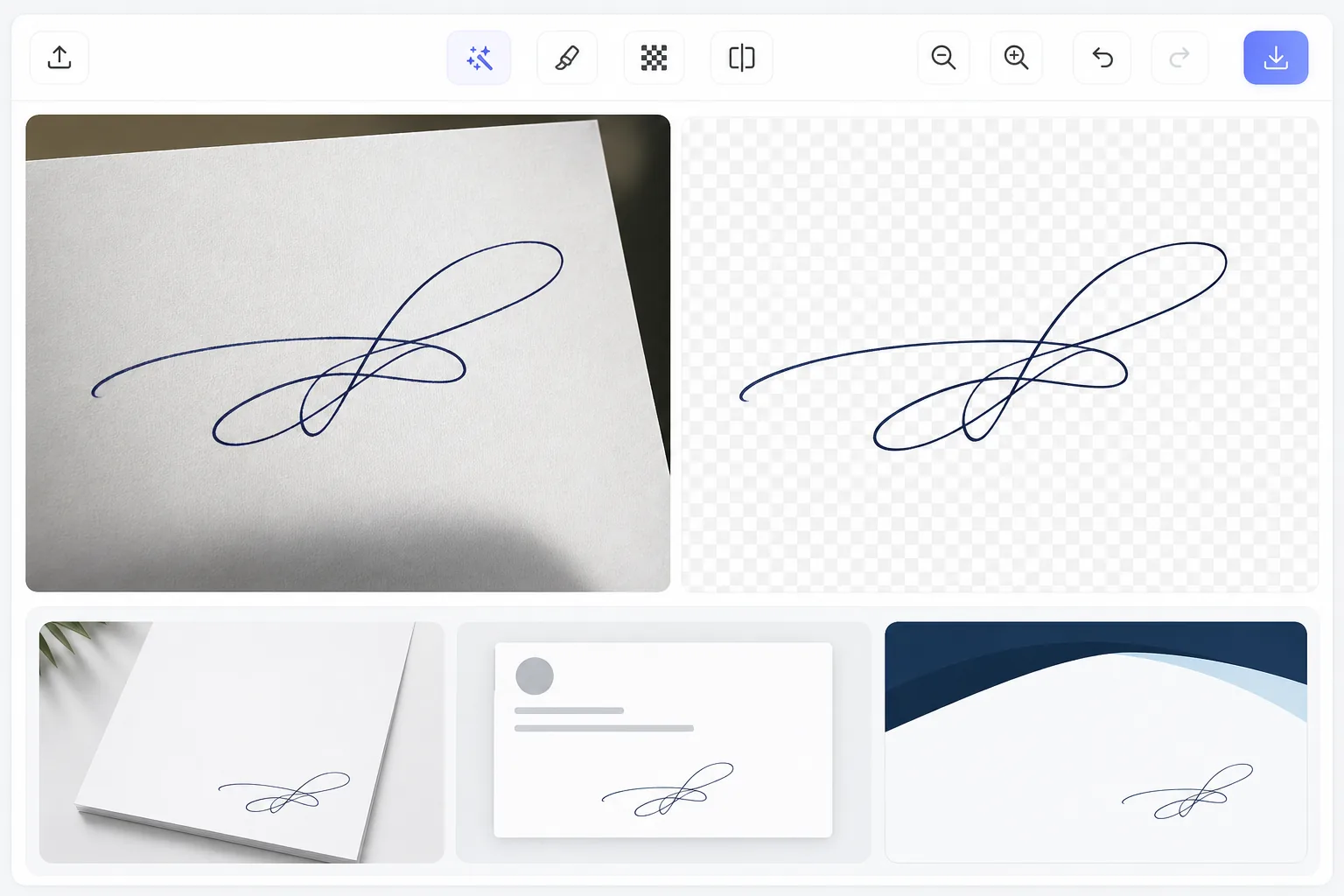 Signature background removal workflow showing abstract ink strokes lifted from paper to a transparent checkerboard preview for reuse on documents