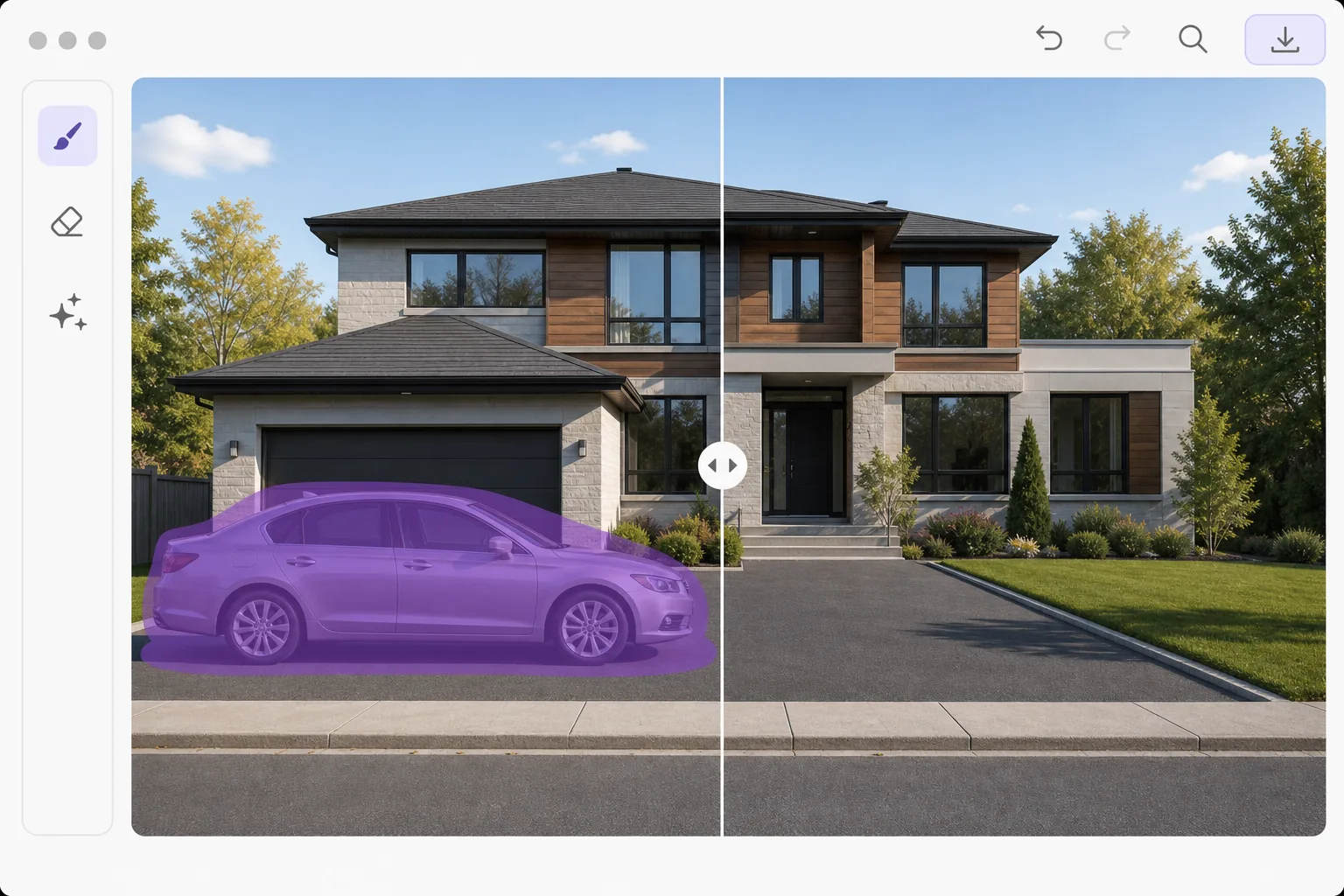 AI car removal workflow showing a parked car selected with a brush mask and a clean driveway reconstructed after removal