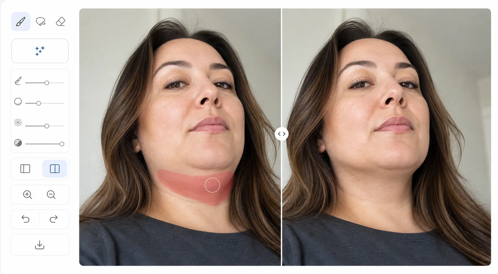 AI Fill editor showing a brushed under-jaw mask and a subtle before and after double chin refinement with natural skin texture