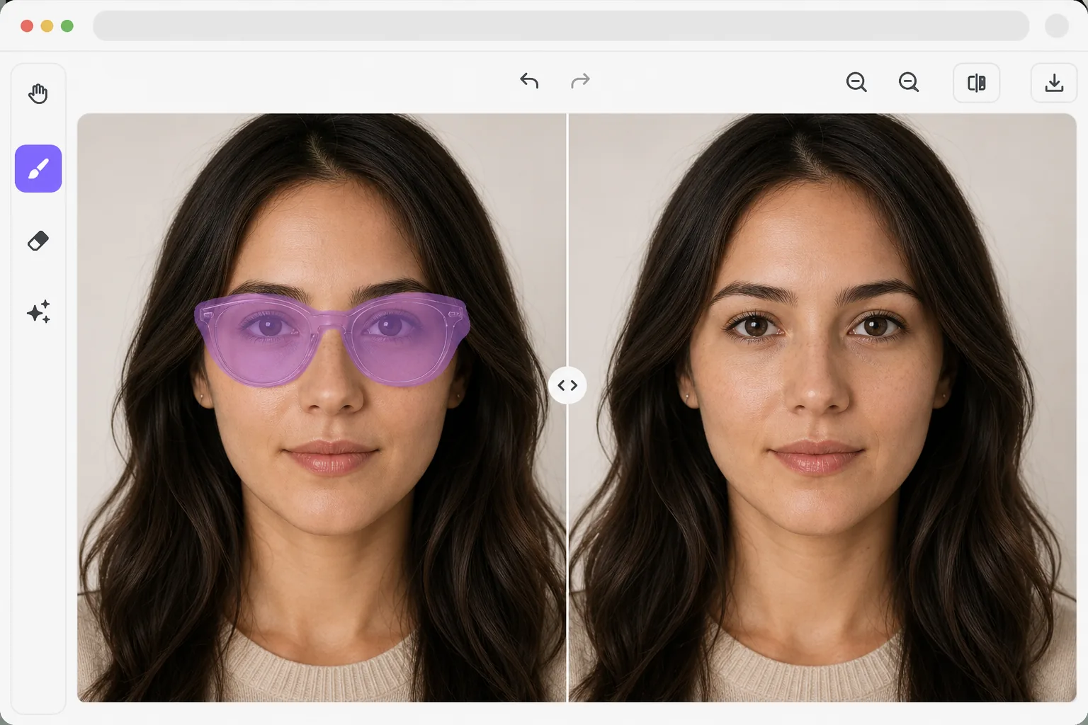 AI glasses removal workflow showing eyeglasses selected with a brush mask and natural eyes reconstructed after removal