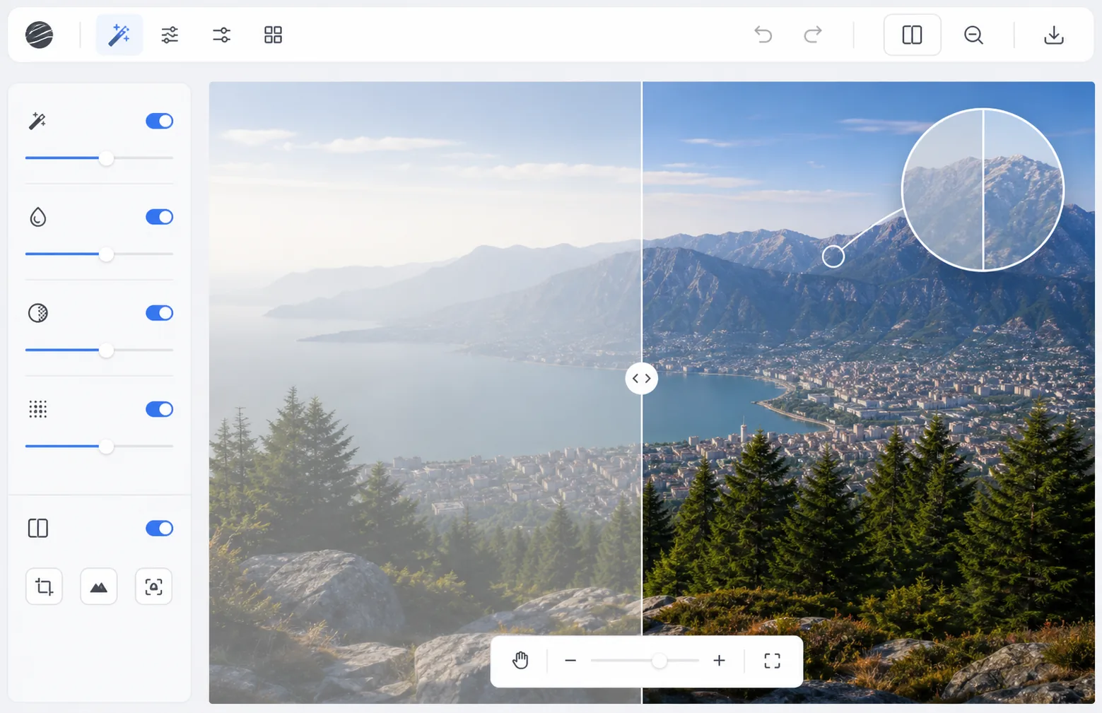 AI Enhance editor showing a hazy mountain landscape restored with clearer distant detail richer color and natural contrast