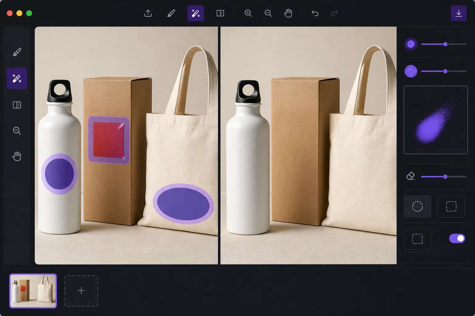 Logo sticker removal workflow showing abstract brand labels brushed from catalog product photos with clean AI-repaired bottle box and tote surfaces