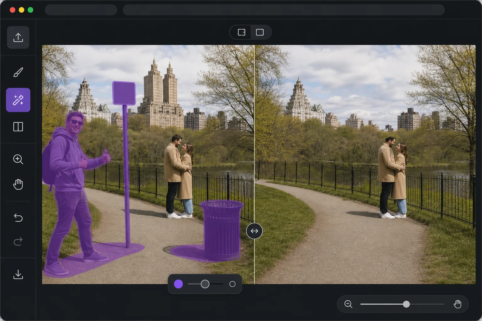 Online object removal workflow showing a photobomber sign and trash bin brushed from a park photo with a clean AI-reconstructed preview
