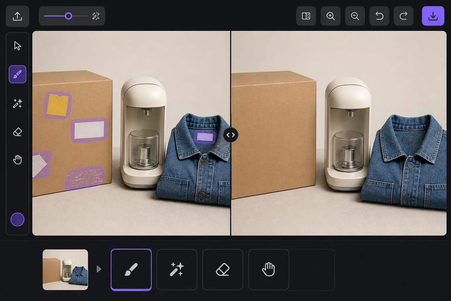 Price sticker removal workflow showing blank resale tags and adhesive residue brushed off product photos with a clean AI-repaired preview