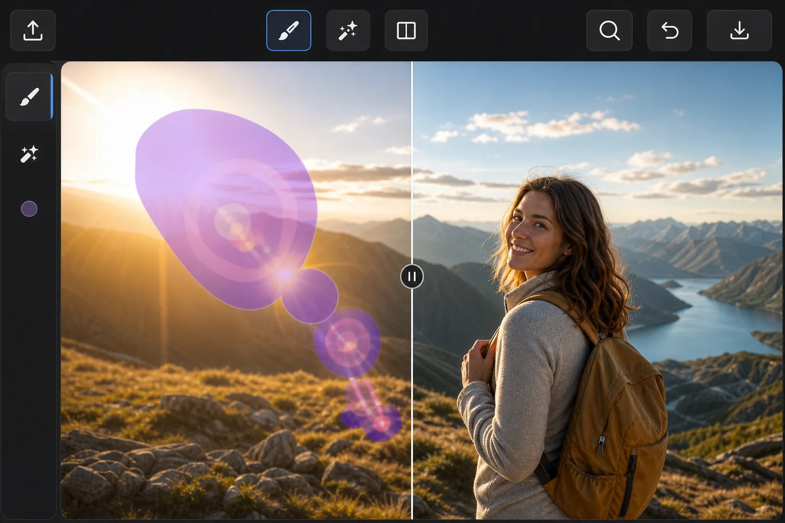 Sun glare removal workflow showing lens flare and bright outdoor haze brushed away from a mountain portrait with a clean AI-repaired preview