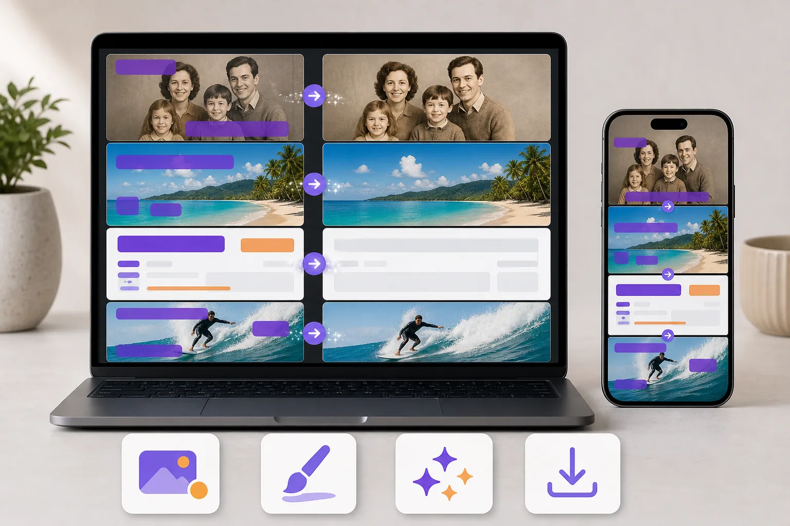 AI text removal workflow erasing captions, date stamps, and overlays while reconstructing image backgrounds