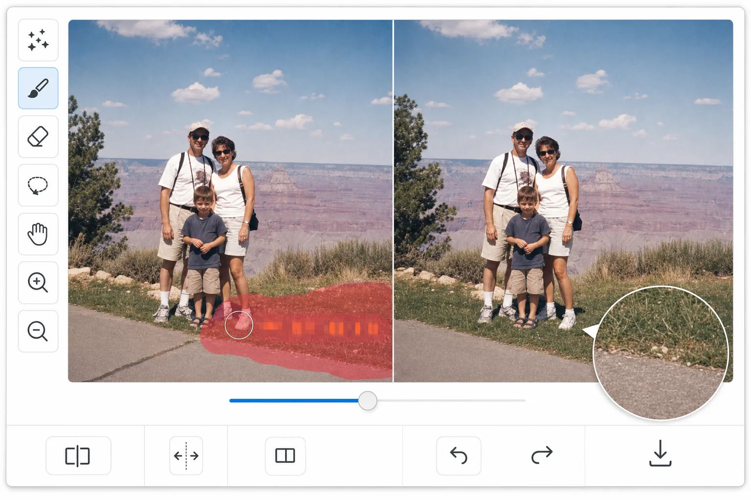 Magic Eraser editor showing a brushed date stamp overlay removed from an old vacation photo with grass and pavement reconstructed