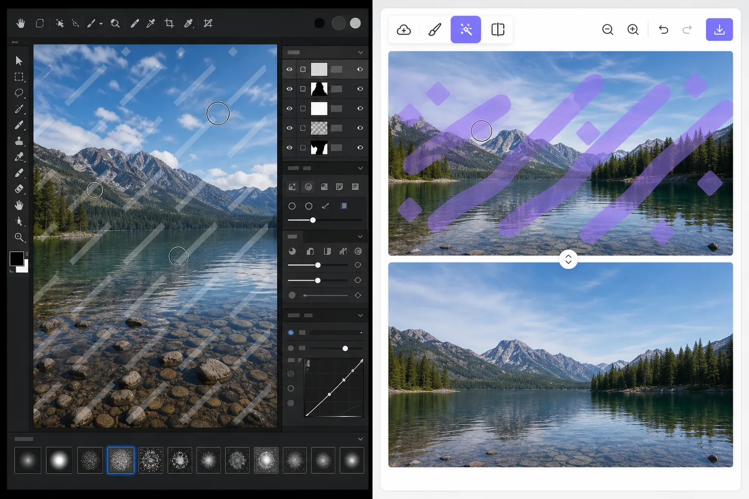 Watermark removal comparison showing a complex manual editor beside a simple AI brush workflow clearing abstract marks from a mountain lake photo