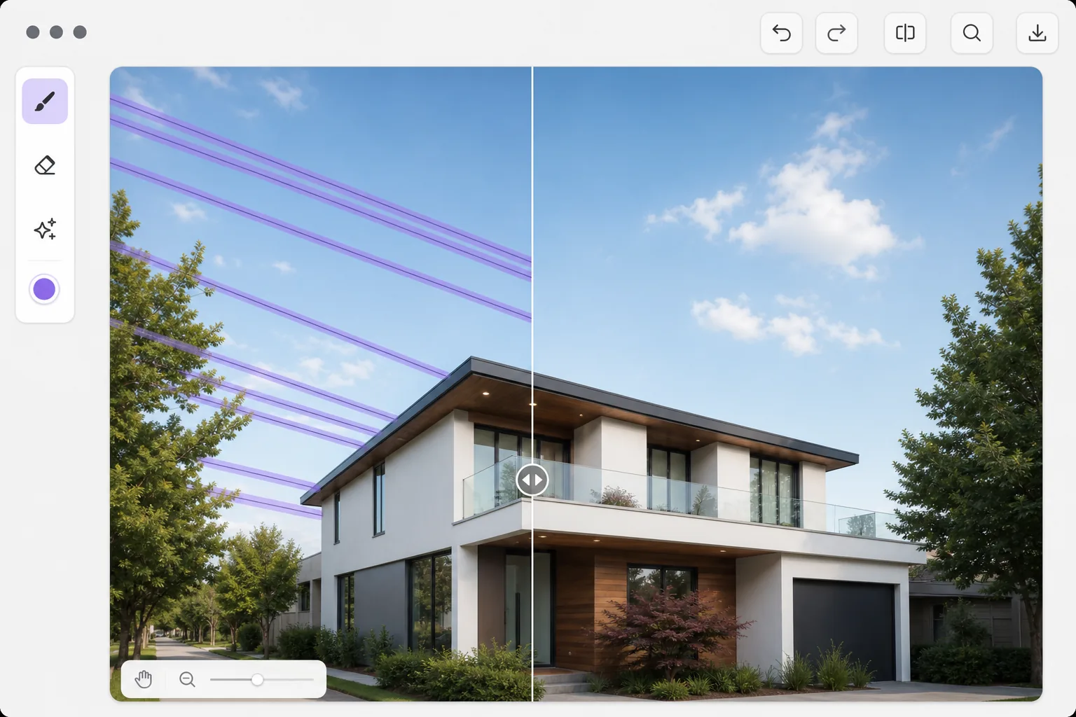 AI wire removal workflow showing power lines brushed with a narrow mask and clean sky and building details reconstructed after removal