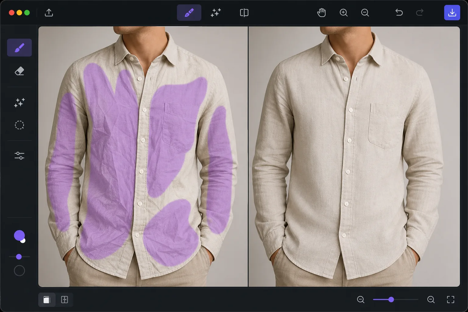 Clothing wrinkle removal workflow showing creased shirt areas brushed and smoothed while preserving buttons seams and linen texture