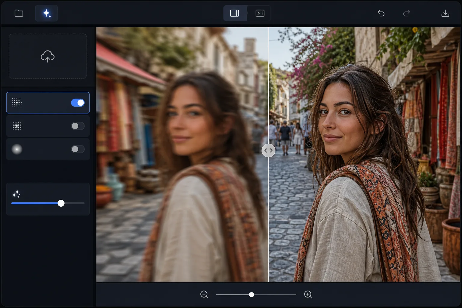AI photo sharpening workflow showing a blurry travel portrait compared with a sharper enhanced version using before and after controls