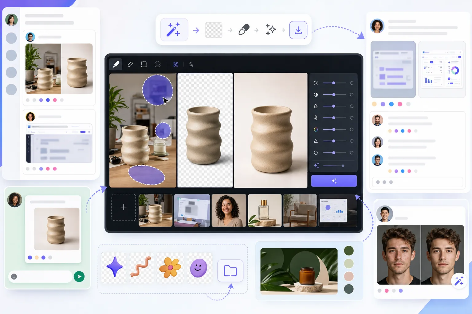 AI Slack image sharing workflow cleaning product photos and screenshots, creating profile images and custom emoji-style cutouts, and posting polished visuals for team review