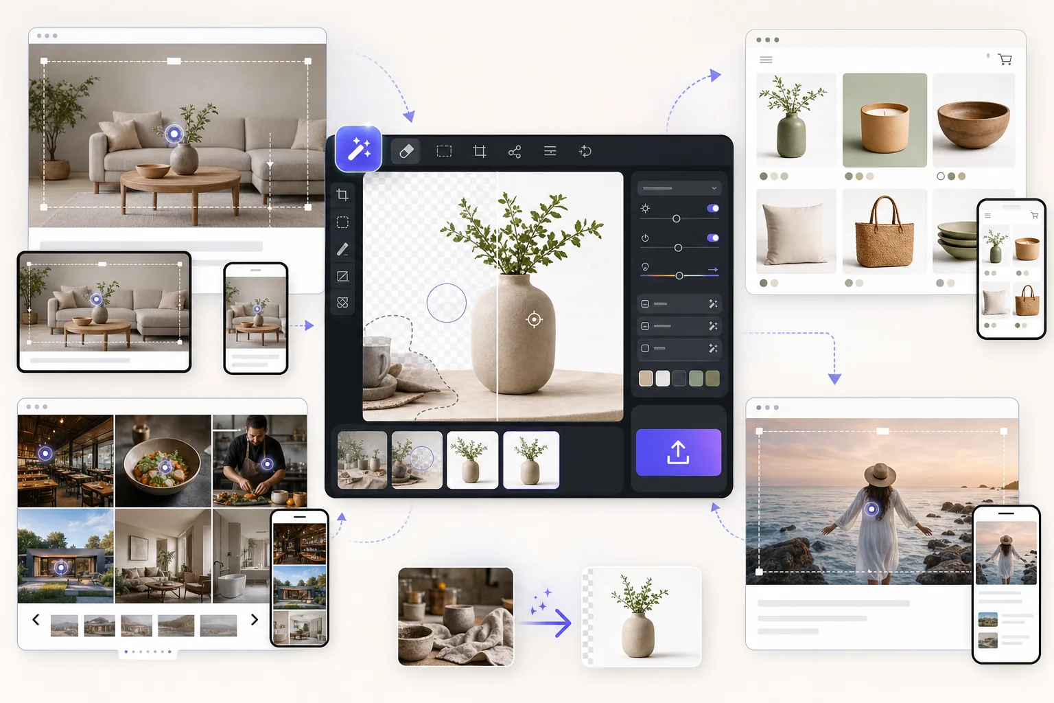 AI Squarespace website image prep workflow creating responsive hero banners, clean product photos, cohesive galleries, and blog cover crops