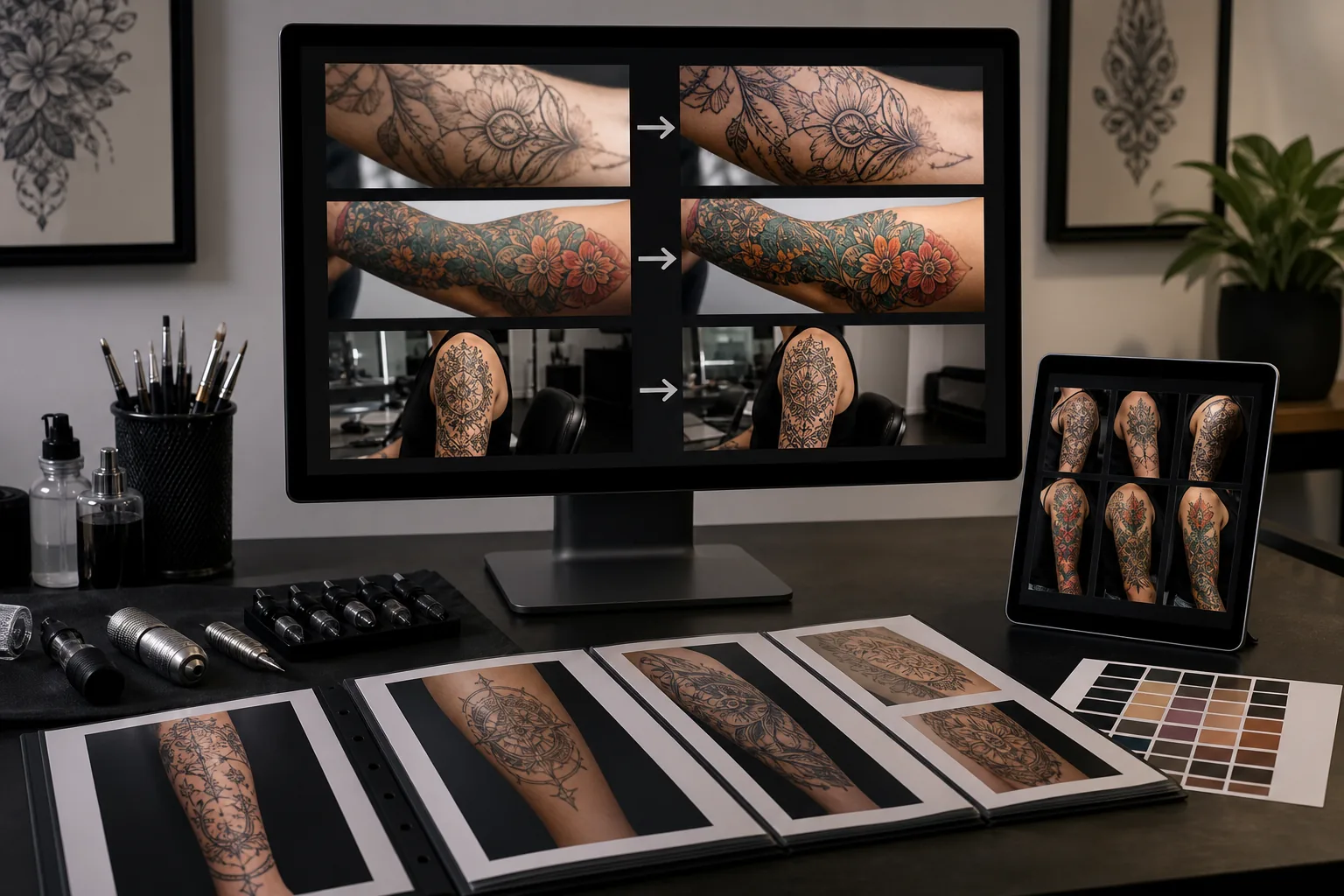 AI tattoo artist portfolio workflow sharpening ink detail, restoring color accuracy, and removing studio clutter
