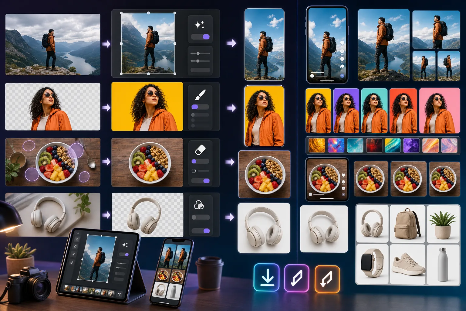 AI TikTok cover and shop photo workflow isolating subjects, color grading vertical thumbnails, expanding 9:16 covers, and cleaning product images