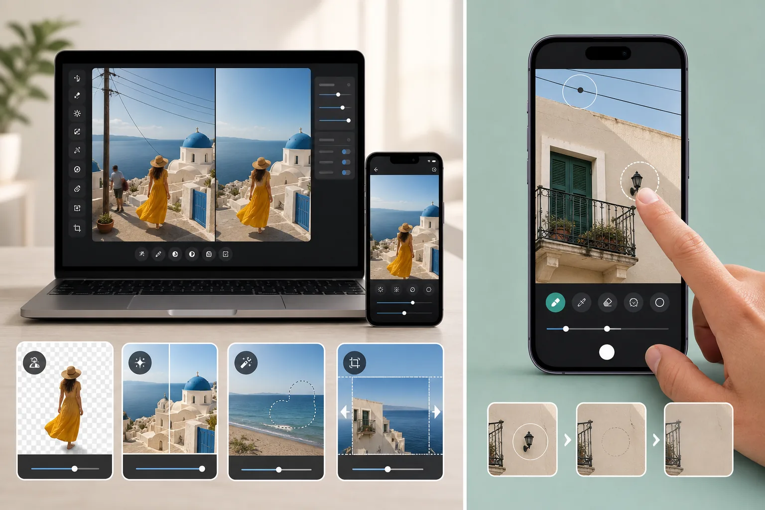 Comparison of a full AI photo editing workflow and a mobile-only retouching workflow for object and wire removal