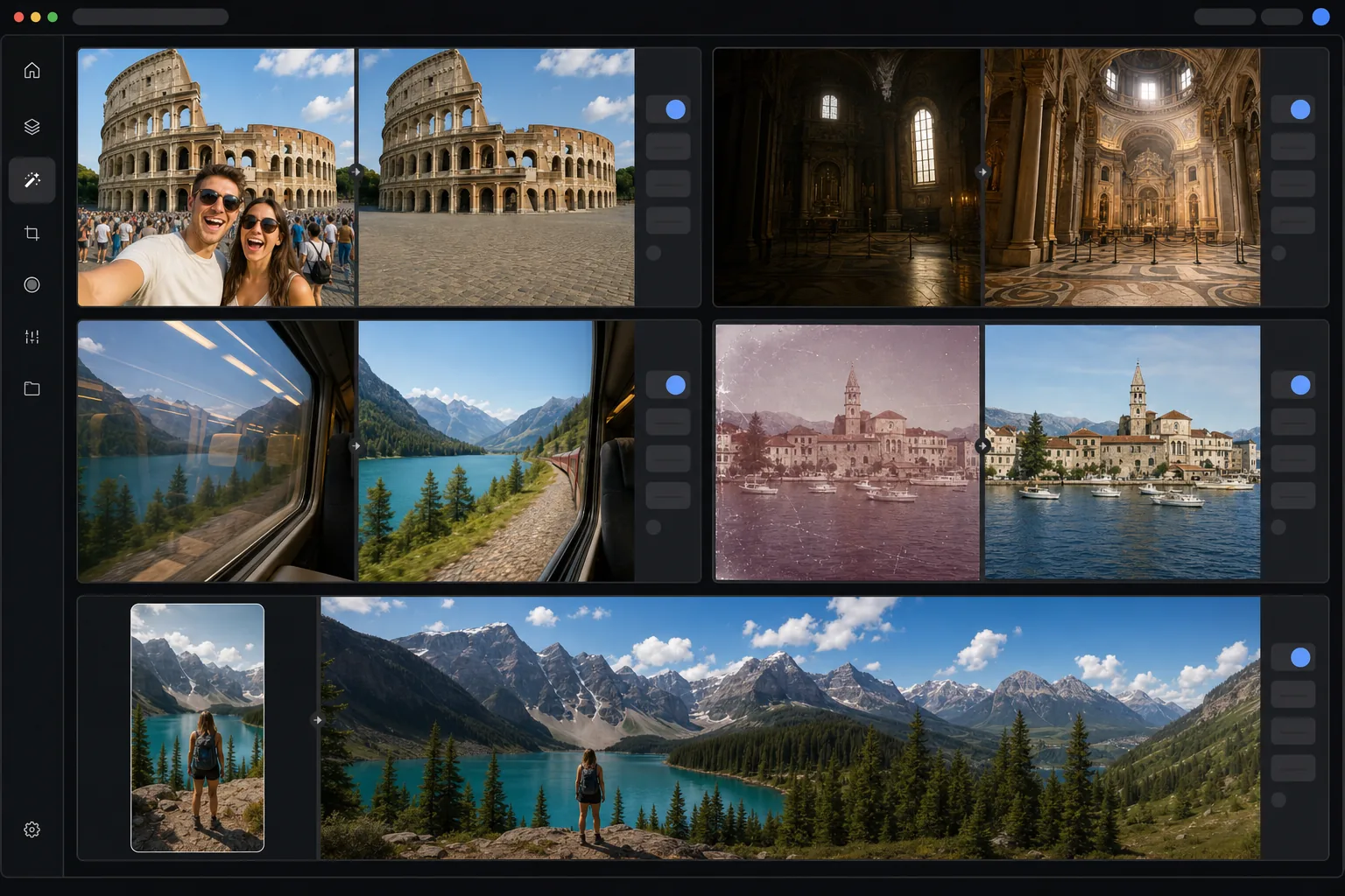 AI travel photo editing workflow removing tourists, enhancing low-light interiors, cleaning window glare, restoring film scans, and outpainting landscapes