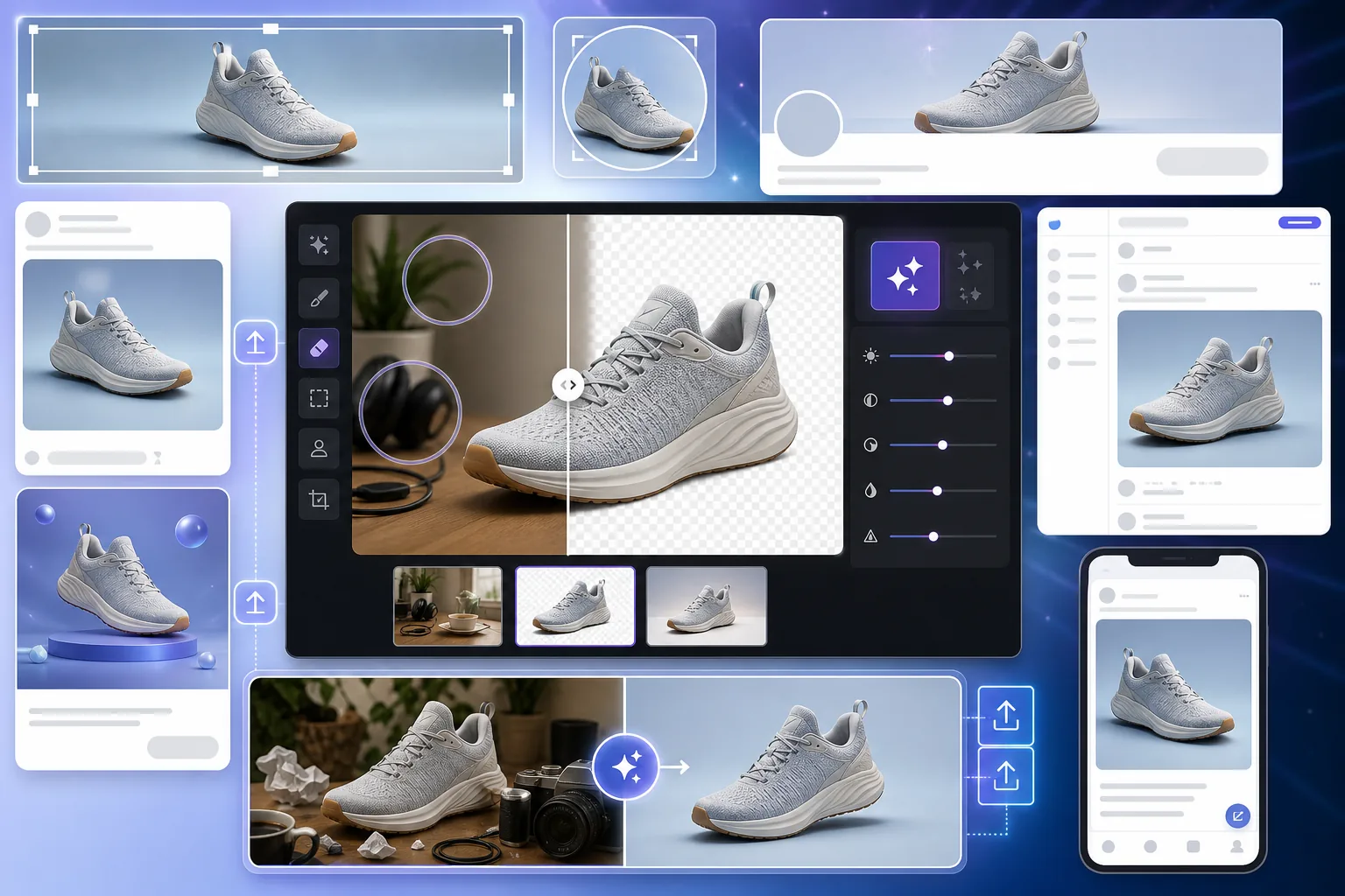 AI Twitter and X image prep workflow creating profile headers, product showcase posts, polished ad visuals, enhanced feed images, and cleaned visual content