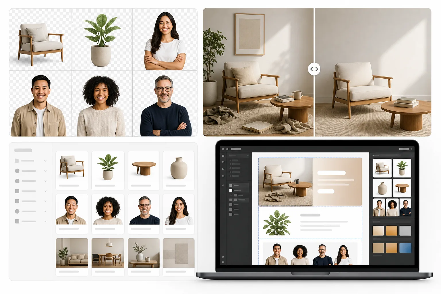 AI Webflow website image workflow creating transparent product and team cutouts, cleaning hero photos, organizing CMS-ready thumbnails, and arranging polished assets in a visual page builder