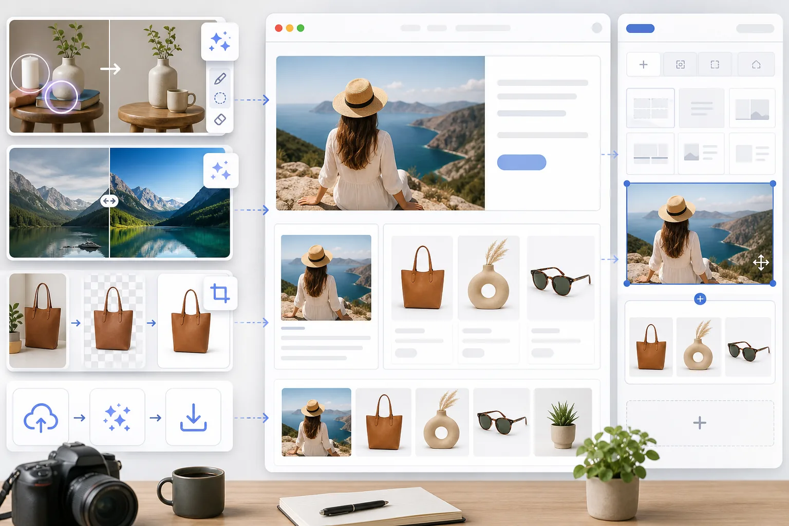 AI WordPress image workflow removing distractions, enhancing featured photos, preparing product cutouts, and uploading polished visuals into a CMS page builder