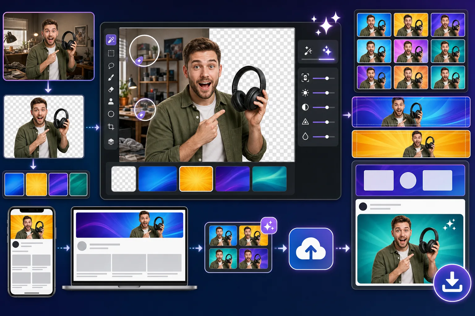 AI YouTube image prep workflow creating thumbnail subject cutouts, bold thumbnail variants, channel banner crops, end screen visuals, and enhanced creator images