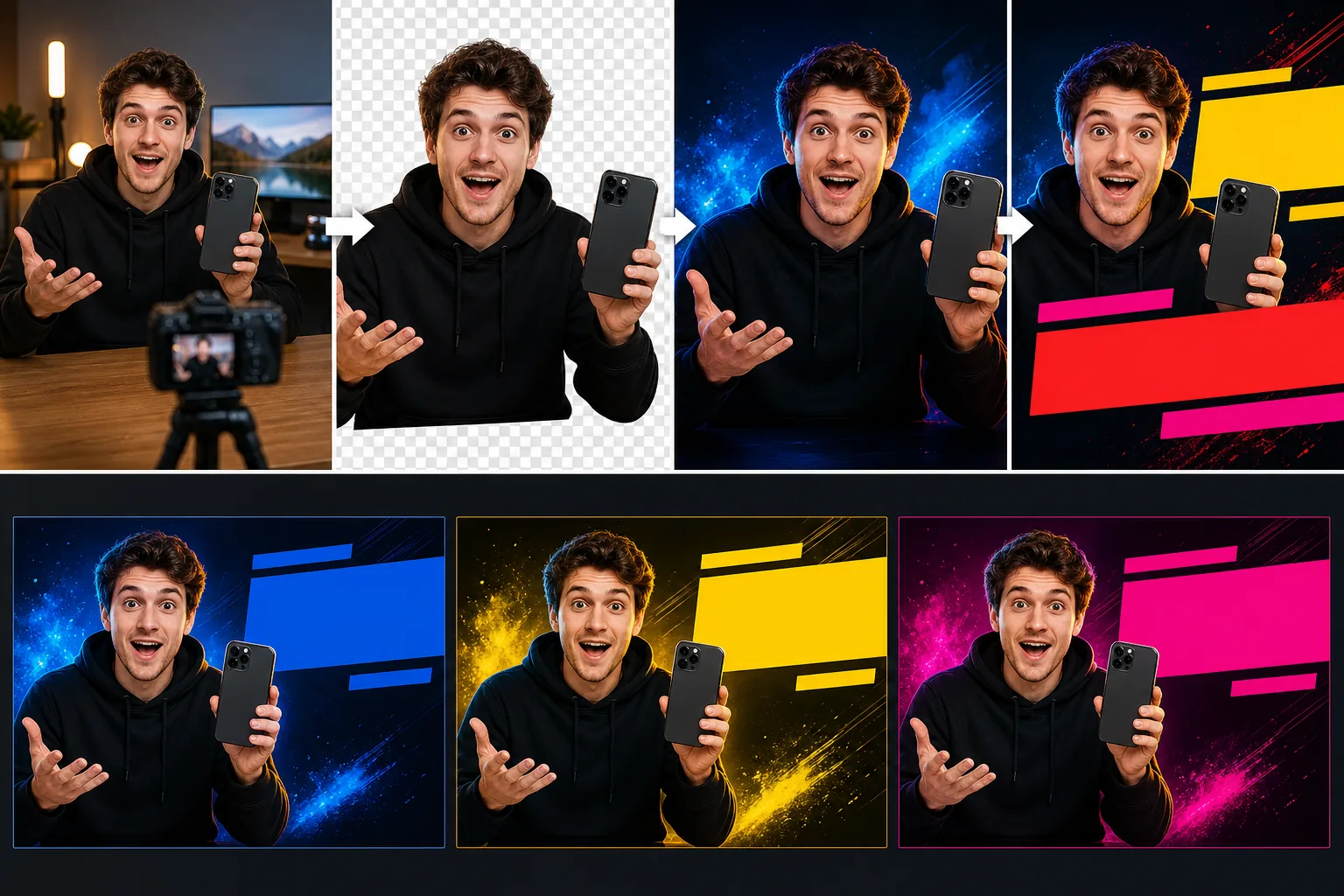 AI YouTube thumbnail workflow isolating a creator, boosting dark-feed contrast, creating clean text zones, and exporting test variants