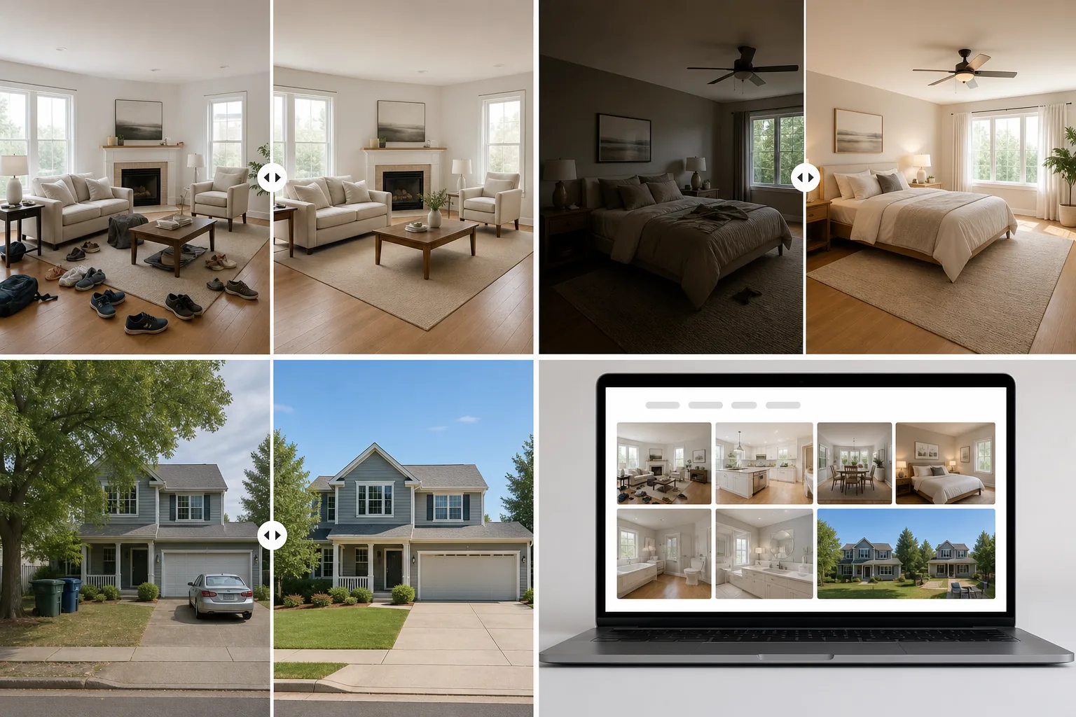 AI Zillow real estate photo workflow removing clutter from interior rooms, brightening dark listing photos, cleaning exterior curb appeal, and preparing a polished property gallery