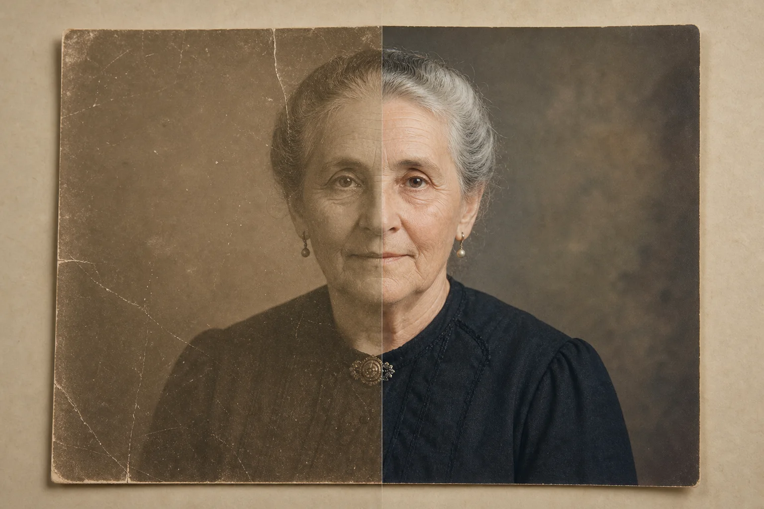 Old family photo with conservative crease and scratch repair notes
