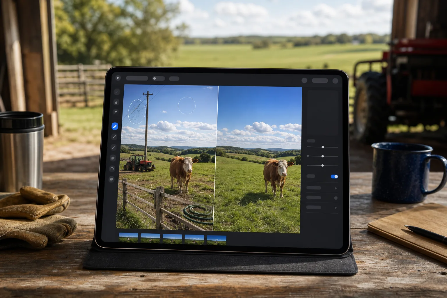 AI agriculture photo editing workflow removing fencing, utility poles, equipment, and field clutter from farm, crop, and livestock images