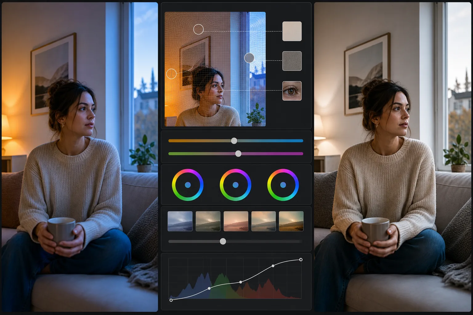AI color correction workflow showing mixed lighting color casts, neutral surface sampling, zone-aware white balance, grading controls, and a natural corrected result