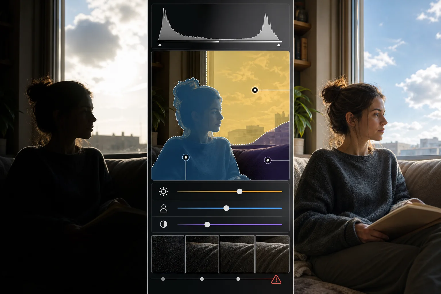 AI lighting correction workflow showing histogram diagnosis, subject and background exposure zones, gradual shadow recovery, highlight protection, and balanced final lighting