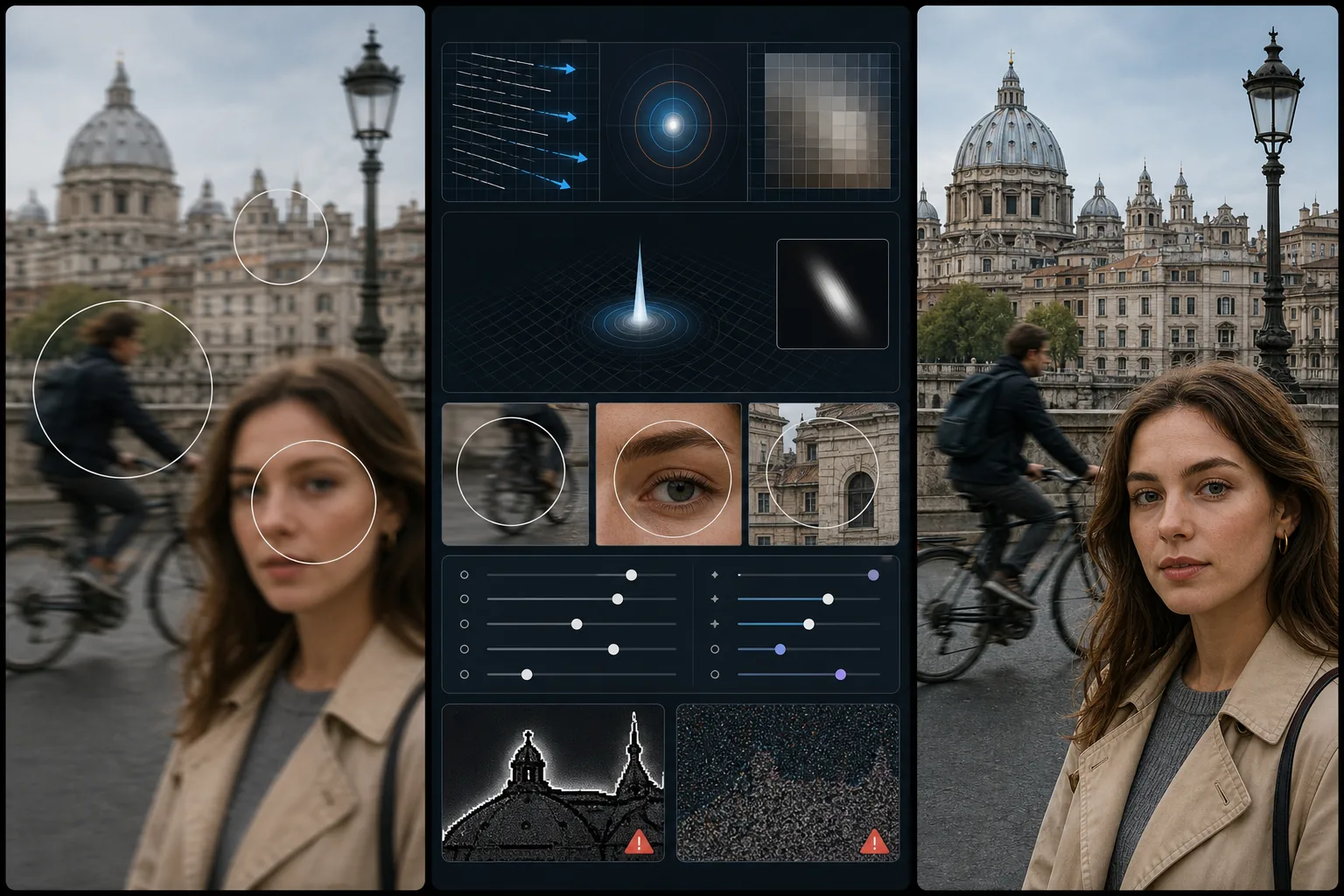 AI sharpening workflow showing motion blur focus blur and compression softness diagnosis, blur-kernel analysis, zoom inspection, artifact warnings, and crisp natural detail recovery