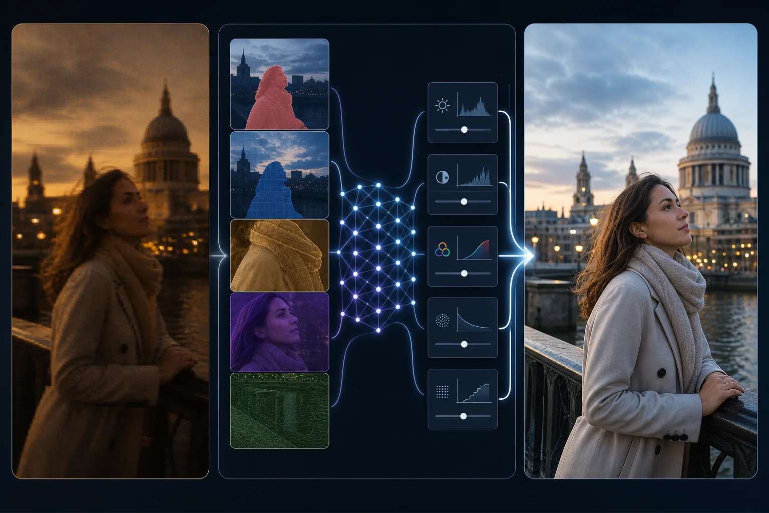 AI photo enhancement workflow showing degraded image input, content-aware region analysis, exposure color sharpness and resolution corrections, and natural enhanced output
