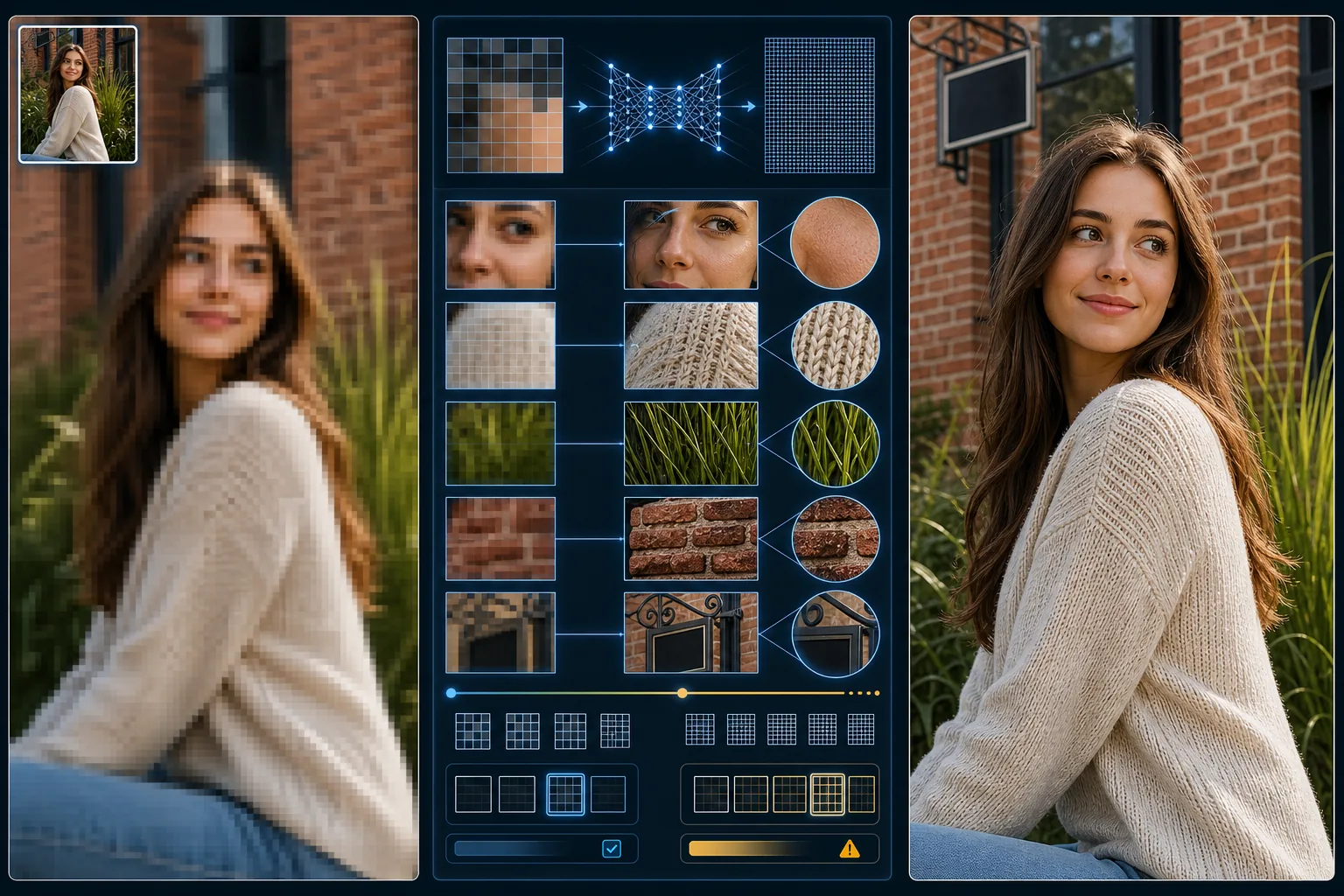 AI upscaling workflow showing low-resolution interpolation blur, super-resolution texture reconstruction, scale choice inspection, artifact checks, and crisp enlarged output