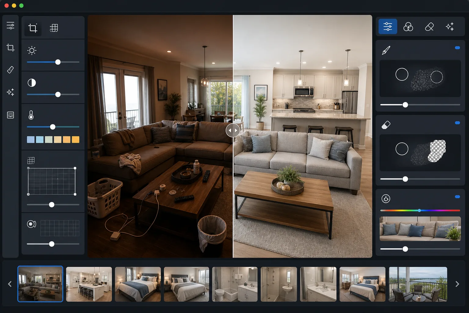 AI Airbnb listing photo workflow brightening a dark vacation rental interior, correcting color and lens distortion, removing clutter, and producing clean guest-ready property gallery images