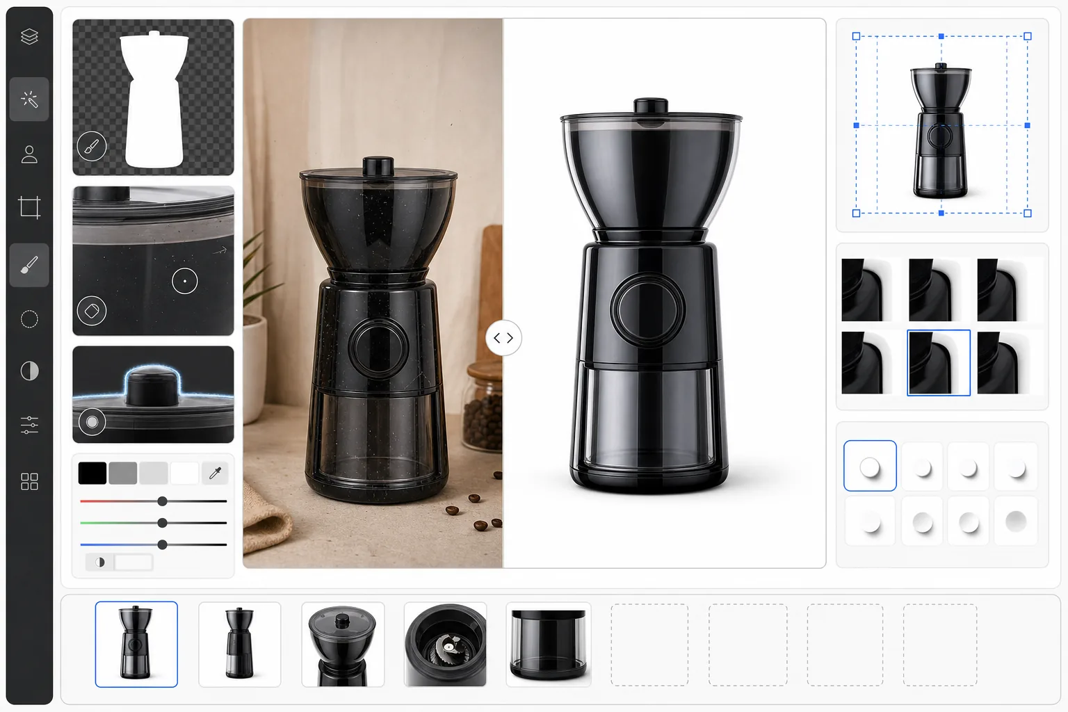 AI Amazon product photo workflow removing a cluttered product background, cleaning dust and scratches, refining edges, correcting color, and placing a product on a pure white square listing image